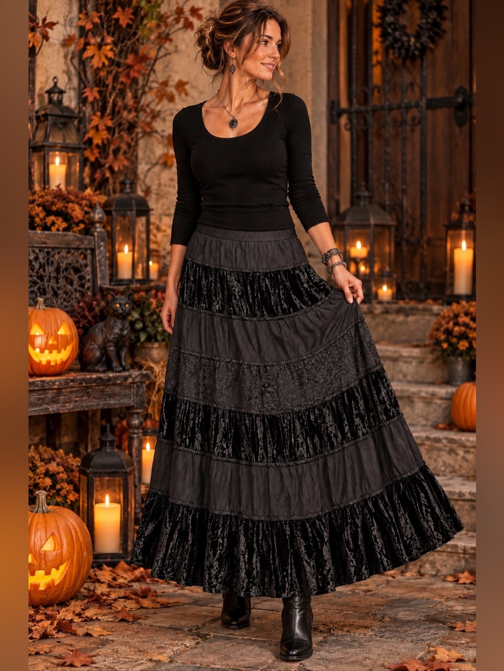 White Stag Black Tiered Maxi Skirt 8/10 NWT Boho Goth Witchy Halloween